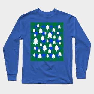 Christmas Tree Pattern on Green and Blue Check Long Sleeve T-Shirt
